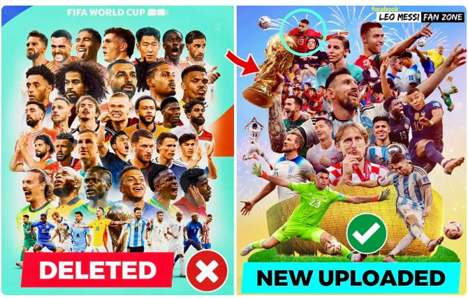 Poster lama telah dihapus (kiri), dan poster baru menampilkan Ronaldo (kanan). Foto: Leo Messi Fan Zone